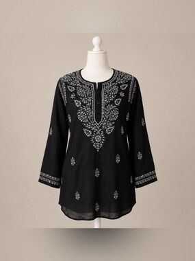 Sam Hilu Black Embroidered Tunic Top Boho India Cotton Medium